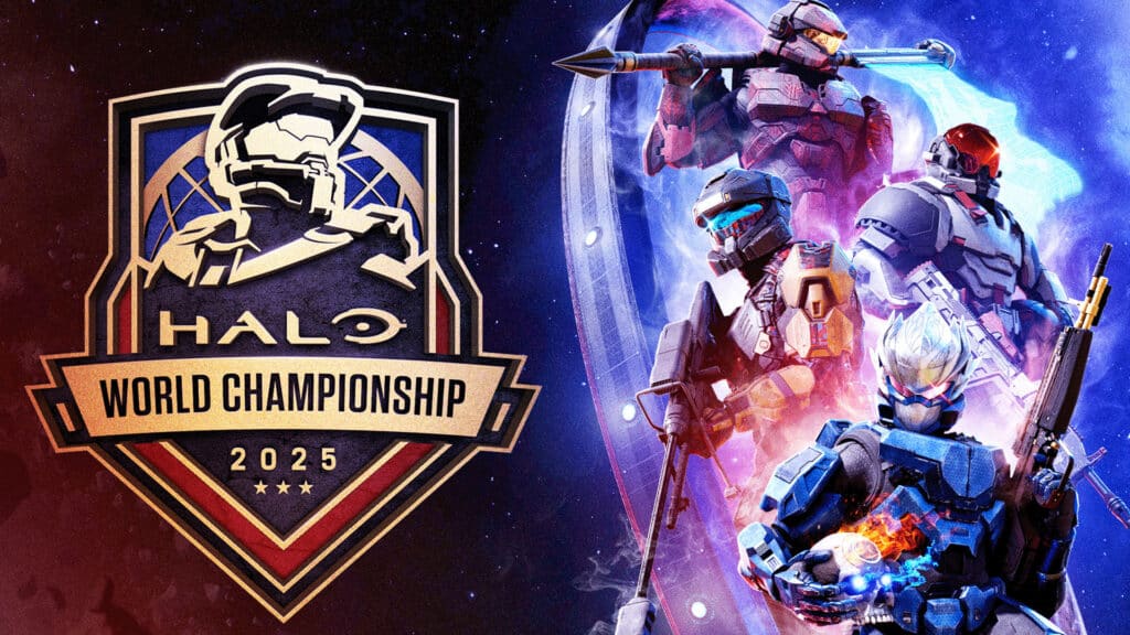 Image of Halo World Championship 2025 logo next to Halo Spartans posing while holding weapons