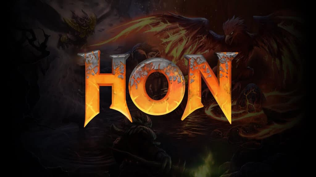 Image of Heroes of Newerth logo on a background of champions fighting