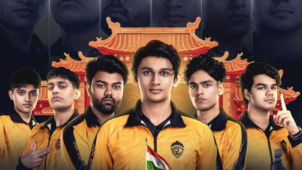 Image of GodLike Esports Call of Duty Mobile roster wearing matching gold teamwear with a red and orange temple in the background