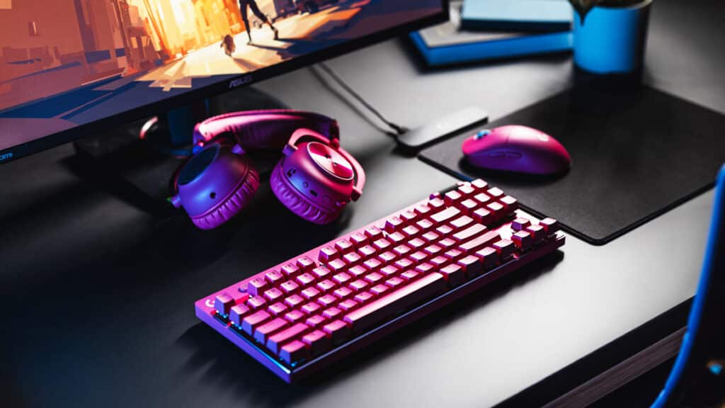 Image of Logitech G PRO headset, mouse, and keyboard on a black desk