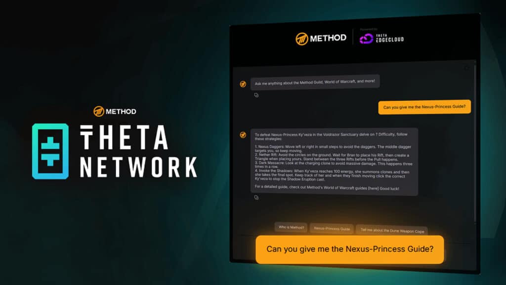 Image of Method and Theta Network logos on a black and dark blue background. The right of the image is a text exchange about World of Warcraft