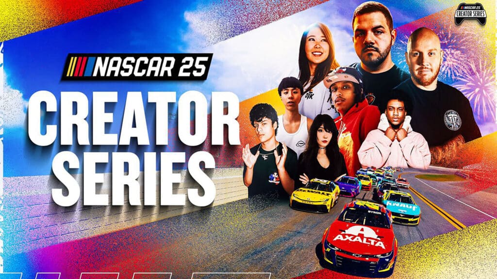 Image of content creators posing above NASCAR cars driving along track
