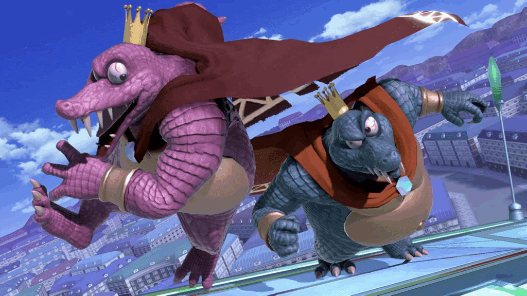 Two King K. Rools, one throwing a crown projectile in Super Smash Bros. Ultimate