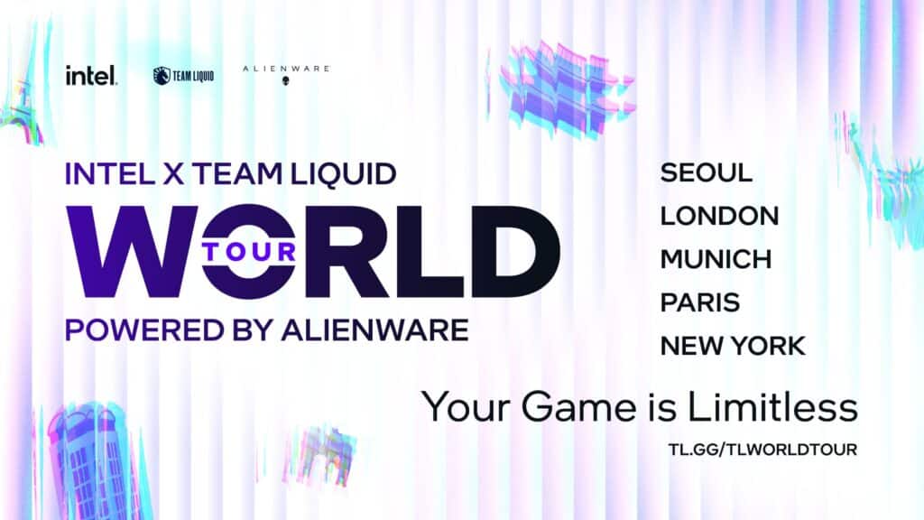 Image of Intel x Team Liquid World Tour logo on a white and purple background