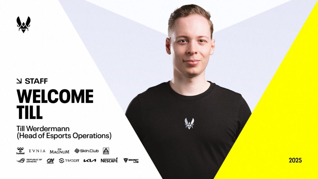 Image of Till Werdermann wearing a black Team Vitality shirt on a grey, white, and yellow background