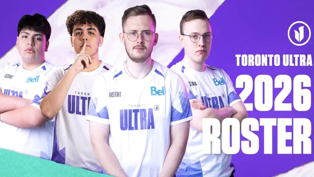 Image of Toronto Ultra 2026 CDL roster posing while wearing white jerseys. The Toronto Ultra logo is on the right of the image on a purple background.