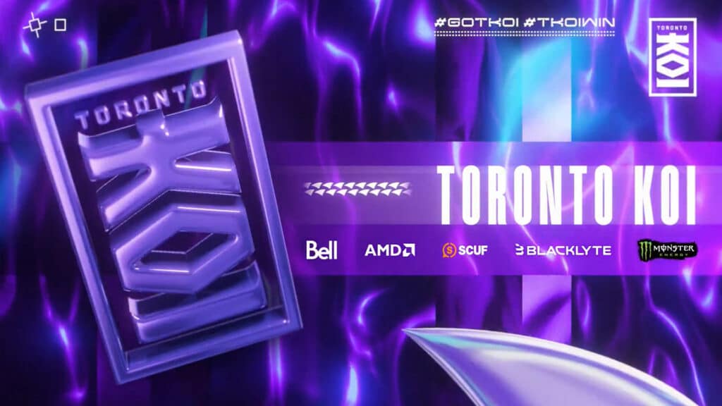 Image of Toronto KOI logo on a purple background. The sponsors of the franchise are underneath white text on the right of the image