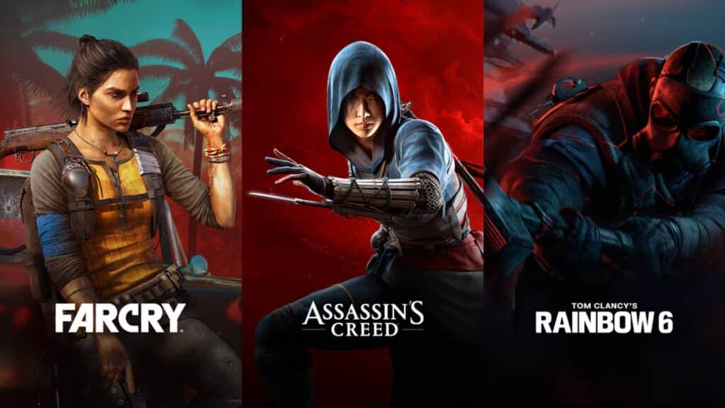 Promotional image featuring characters and logos from Rainbow Six, Assassin`s Creed, and Far Cry, representing Vantage Studios` focus.