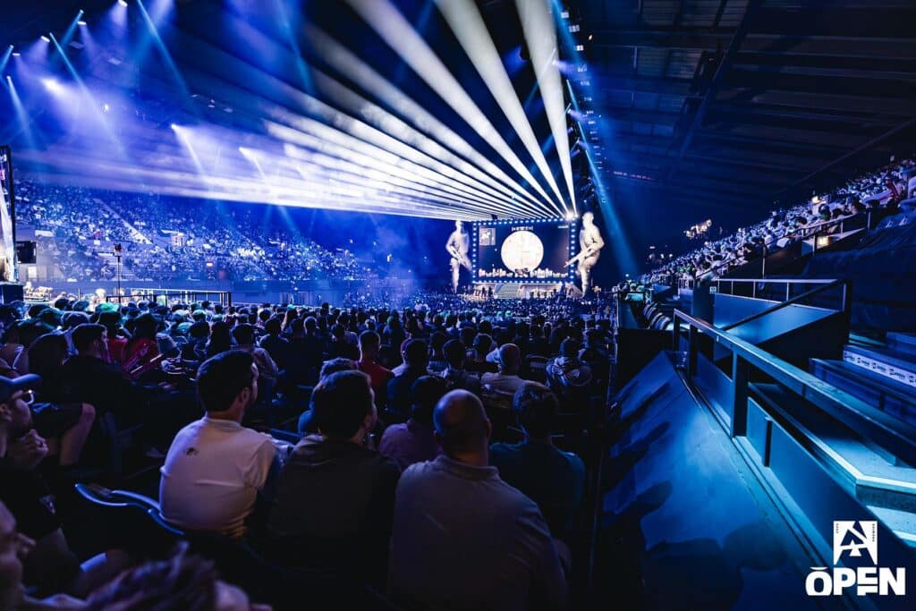 Image of BLAST Open London Counter-Strike stage illuminated with white and blue lighting