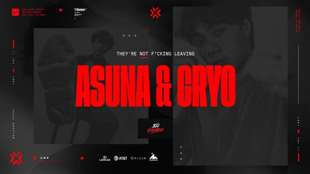 Image of Asuna and Cryo in red text on a black background. The 100 Thieves logo is in the centre of the image below the red text