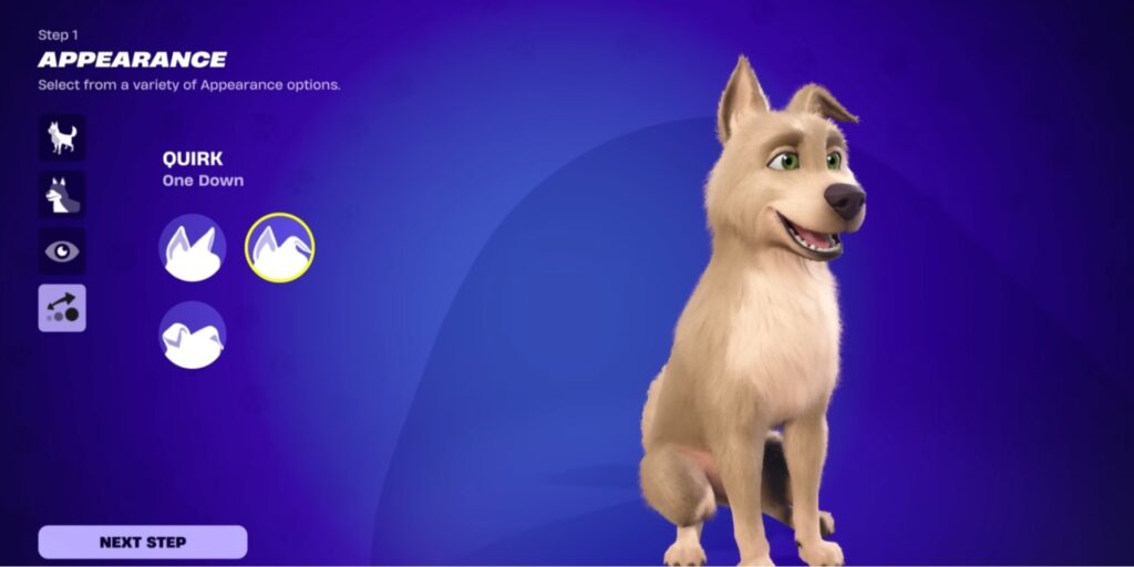 Fortnite customization screen featuring a pet dog
