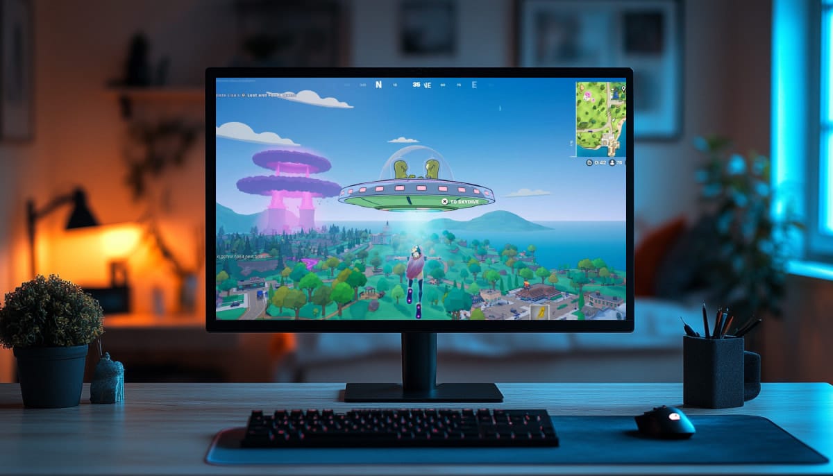 A computer monitor on a desk displays Fortnite x Simpsons game scene with a person flying towards a UFO over a landscape