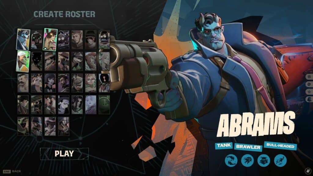 Character selection screen in Deadlock showing the hero Abrams ready to play