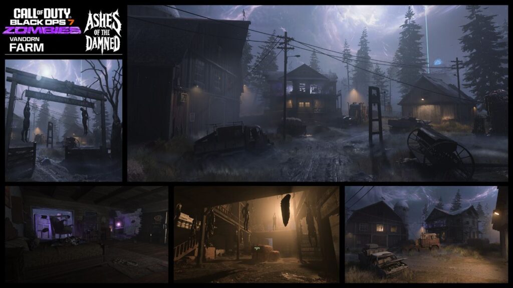 Dunkle, unheimliche Farmszene aus Black Ops 7 mit heruntergekommenen Gebäuden, verlassenen Fahrzeugen und einem nebligen, bedrohlichen Himmel