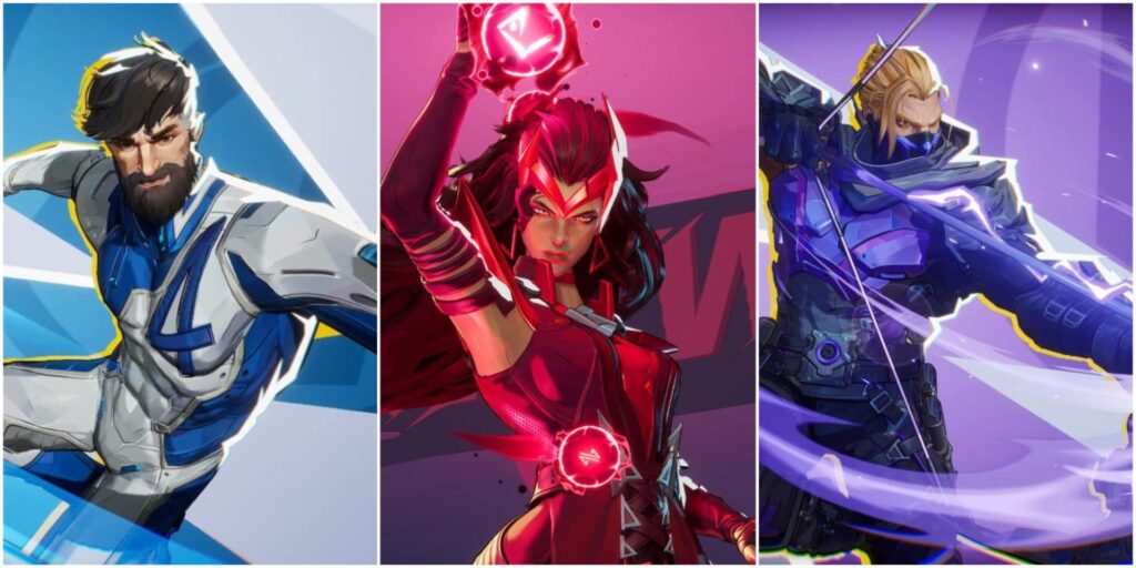 Eine gemischte Collage mit Mister Fantastic, Scarlet Witch und Hawkeye