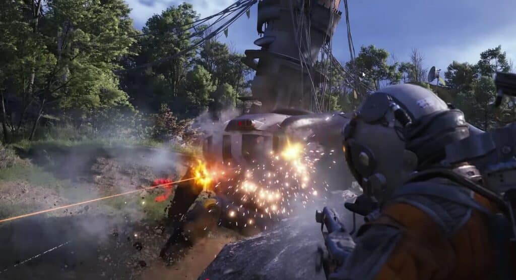 A futuristic soldier in armor fires at a large mechanical creature in a forest in Arc Raiders