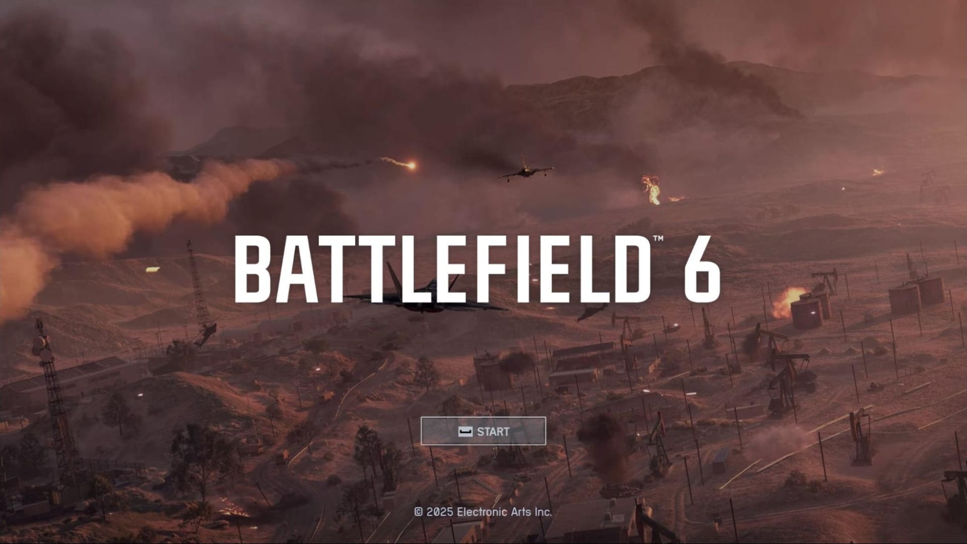 Tela de título para "Campo de Batalha 6" mostra uma paisagem desértica devastada pela guerra com fumaça