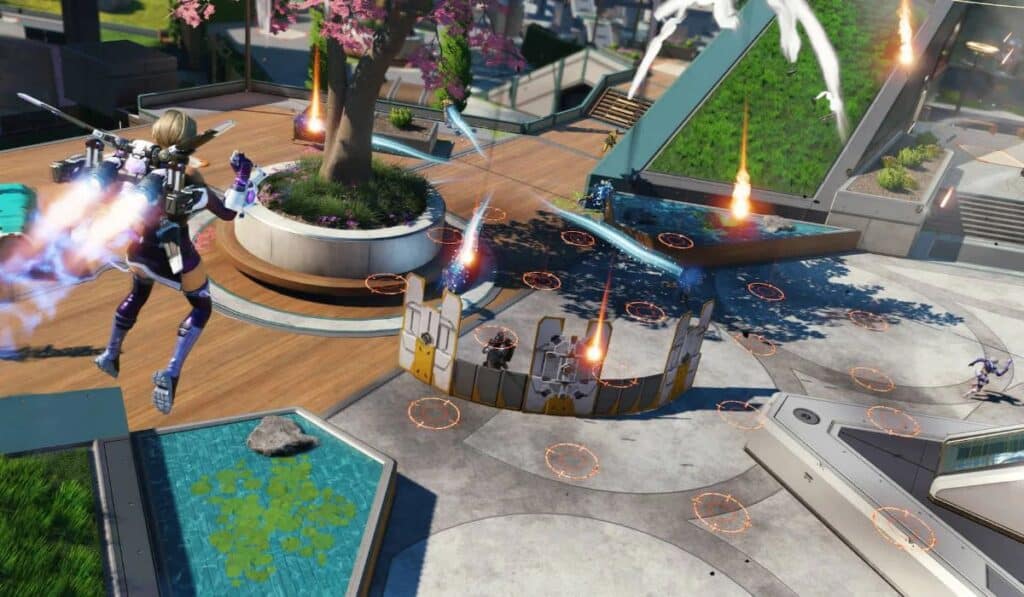 Apex Legends-Szene mit einem Charakter, der Jetpacks verwendet und blaue Energie abfeuert