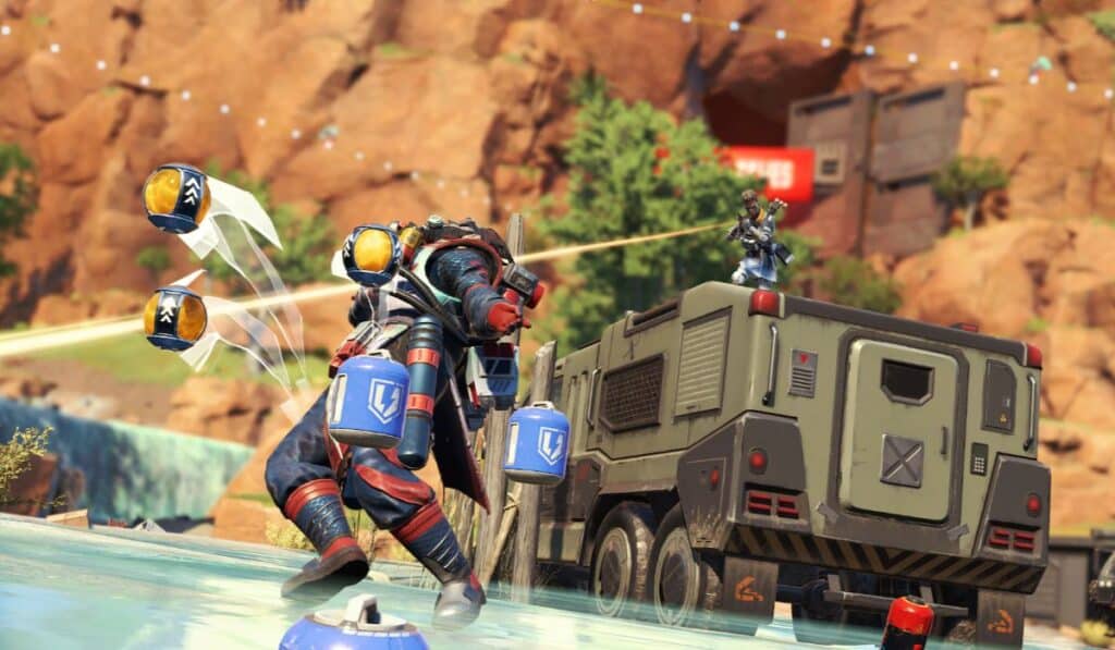 Eine dynamische Apex Legends-Szene zeigt zwei gepanzerte Charaktere im Kampf