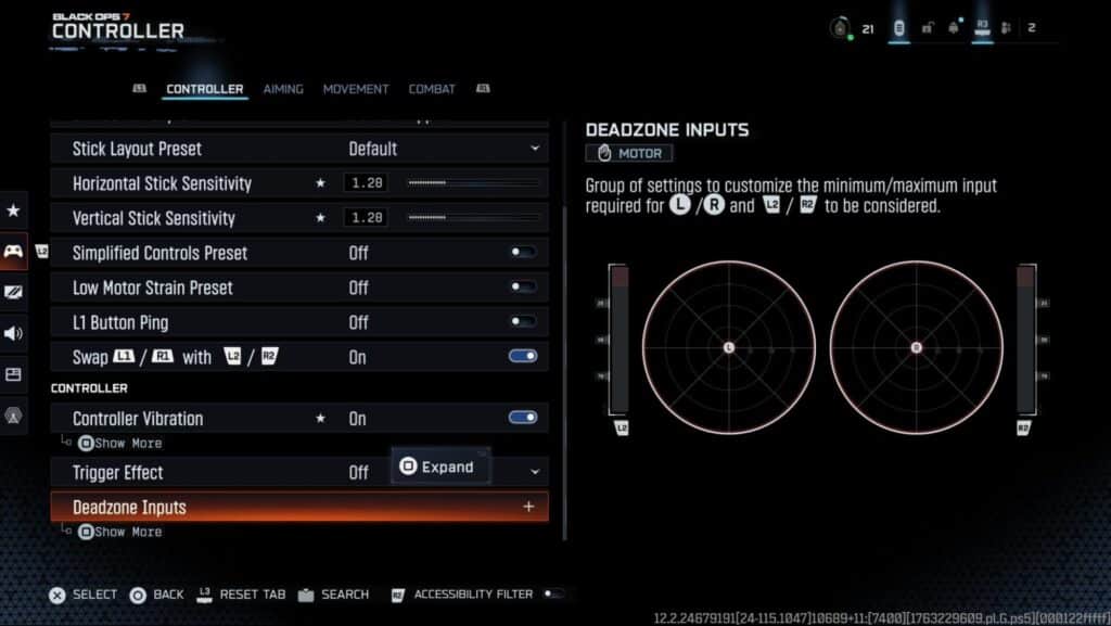 Menu Impostazioni controller Black Ops 7