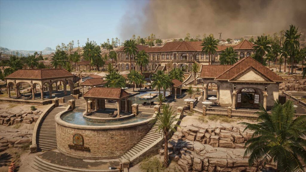 PUBG-Spielszene mit Gebäuden und Palmen