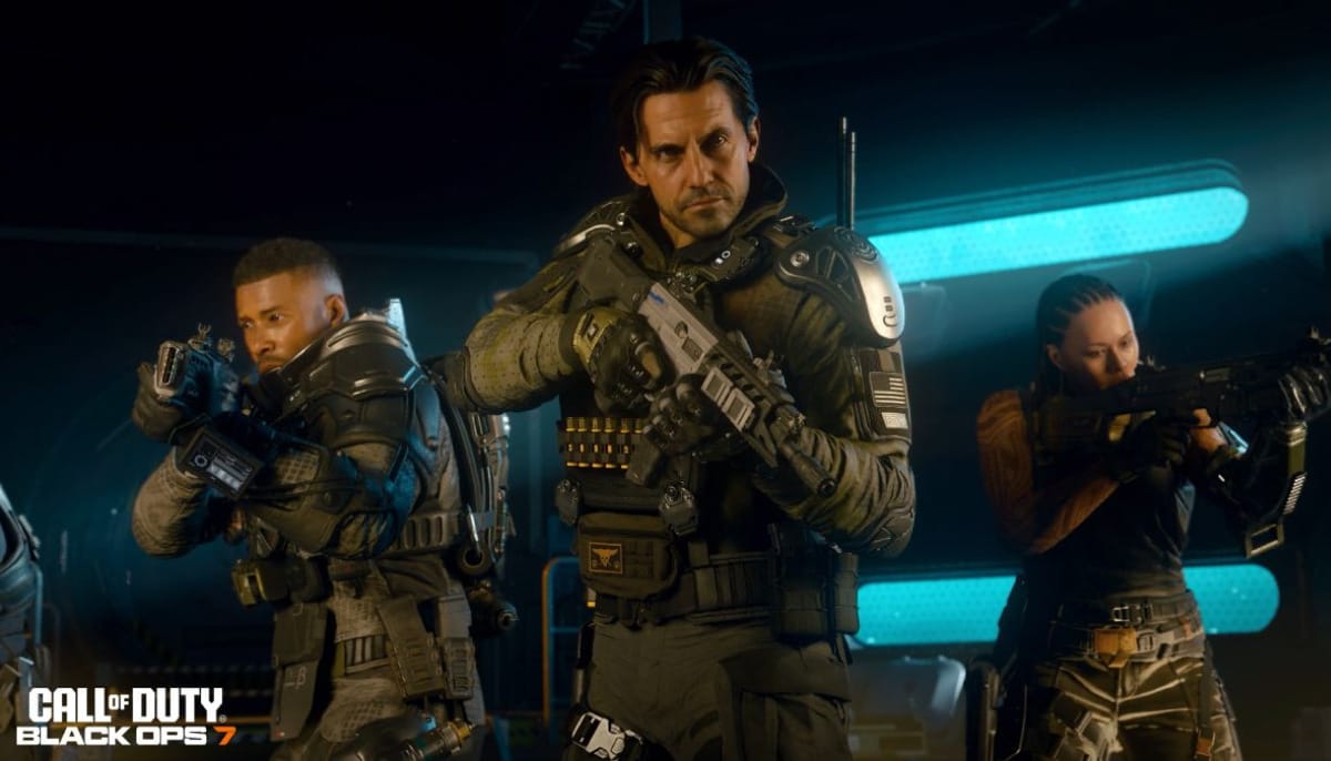 Three soldiers in tactical gear move forward with weapons drawn, focused and alert, in a dimly lit room with blue neon lights. Text reads "Call of Duty Black Ops 7"