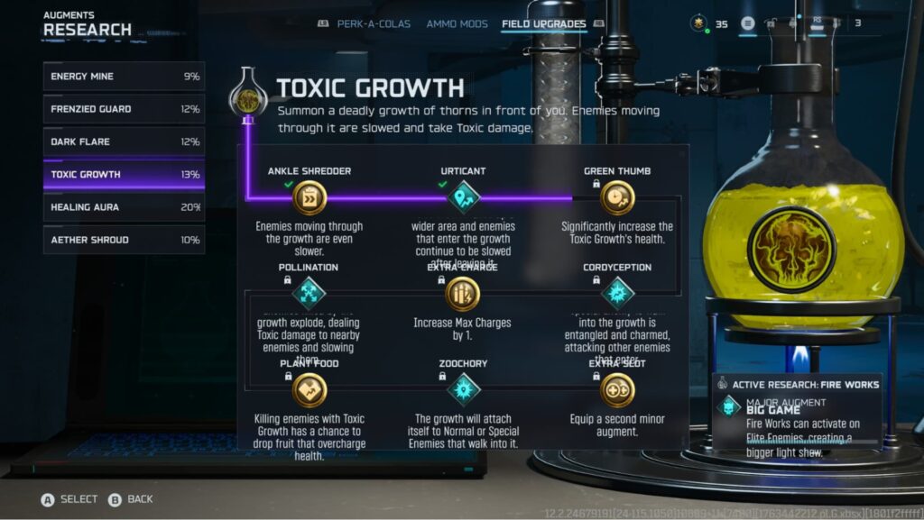 CoD-Schnittstelle wird angezeigt "Giftiges Wachstum" Feld-Upgrade. Zu den Funktionen gehören "Knöchelschredder," "UrtiCant," Und "Grüner Daumen"