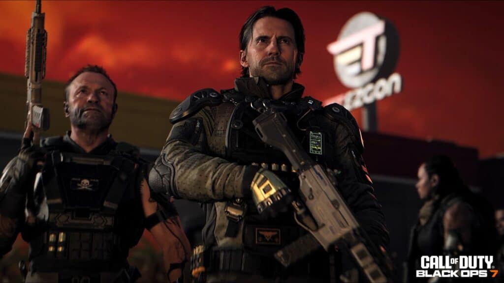 Three warriors in tactical gear stand confidently under an intense red sky, suggesting action and tension in a scene from Call of Duty: Black Ops