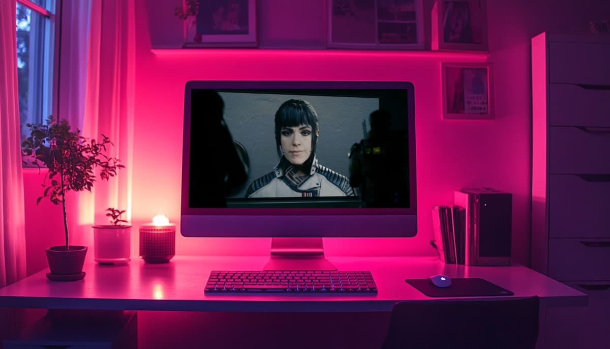 A modern computer on a desk emits a pink glow, with a character from Call of Duty