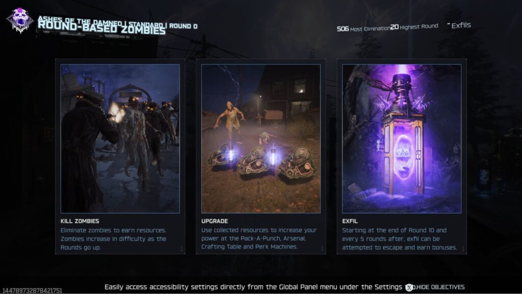 CoD-Schnittstelle für „Ashes of the Damned“ mit drei Feldern: Zombies greifen im ersten an, Upgrade-Optionen im zweiten und eine lila leuchtende Exfil-Flasche im dritten. Dunkle, unheimliche Atmosphäre mit Textanweisungen zum Töten von Zombies, zum Verbessern von Fähigkeiten und zum Exfiltrieren nach Runde 10