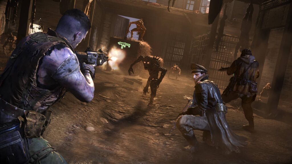 Un gruppo di personaggi armati combatte mostri scontrosi in un edificio buio e in rovina in Black Ops 7. 