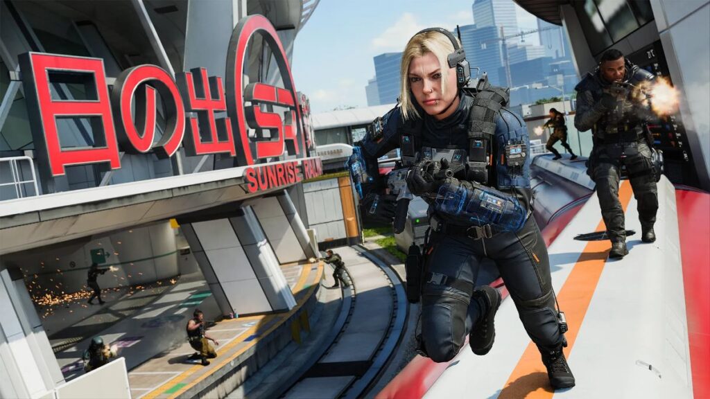 Screenshot von Call of Duty: Black Ops 7, der Gameplay-Action und Charakter-Engagement in einer Multiplayer-Umgebung zeigt