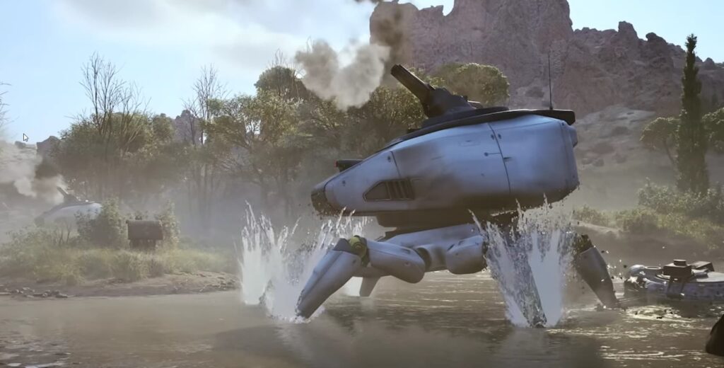A large, four-legged robotic machine splashes through a river in a desert landscape in Arc Raiders