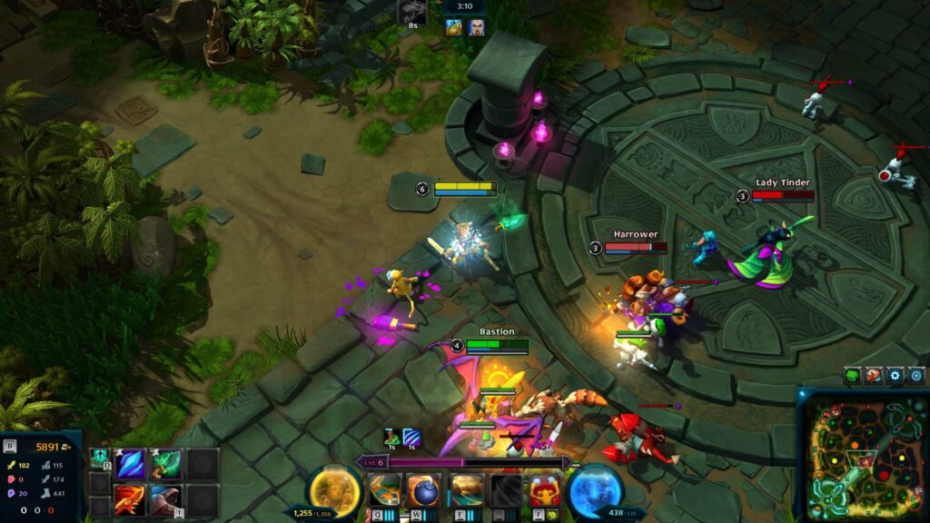 Eine lebendige Kampfszene aus Heroes of Newerth Reborn mit mehreren Charakteren mit farbenfrohen Fähigkeiten in einer Dschungel-Arena