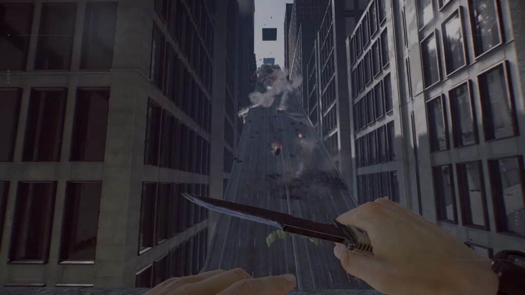 Eine mit einem Messer bewaffnete Person steht auf einem Felsvorsprung zwischen zwei Wolkenkratzern, Trümmer und Rauch füllen die Luft in BF 6