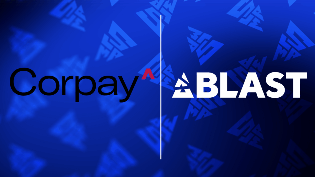 Corpay and BLAST partnership announcement featuring blue BLAST Slam background