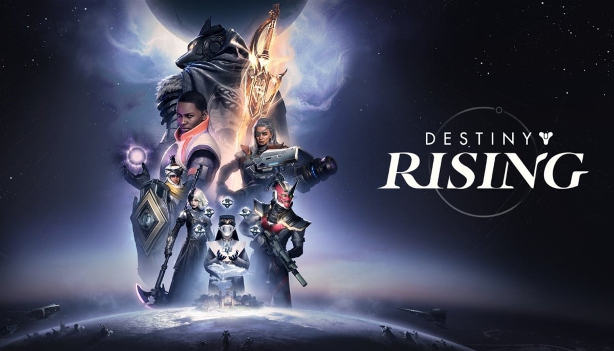 Poster for "Destiny Rising" featuring diverse characters in futuristic armor, wielding weapons, set against a cosmic backdrop