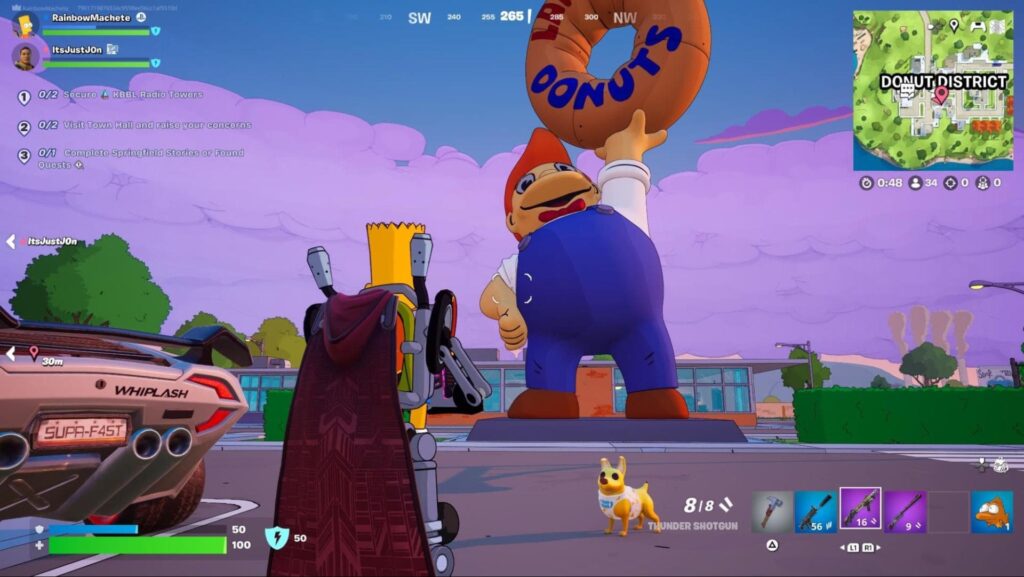 Fortnite x Simpsons-Spielszene mit Bart, der vor einer riesigen Statue steht und einen Donut hält