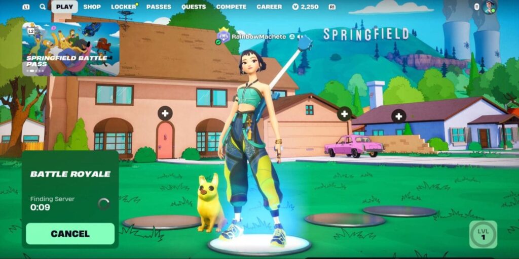 Fortnite game screen featuring a girl character and a pet