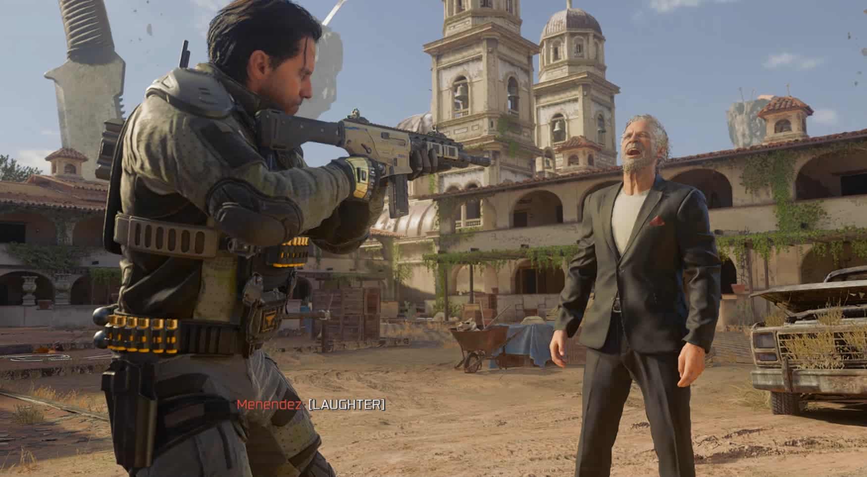 A soldier with a rifle confronts a man in a suit laughing in a dusty courtyard in CoD