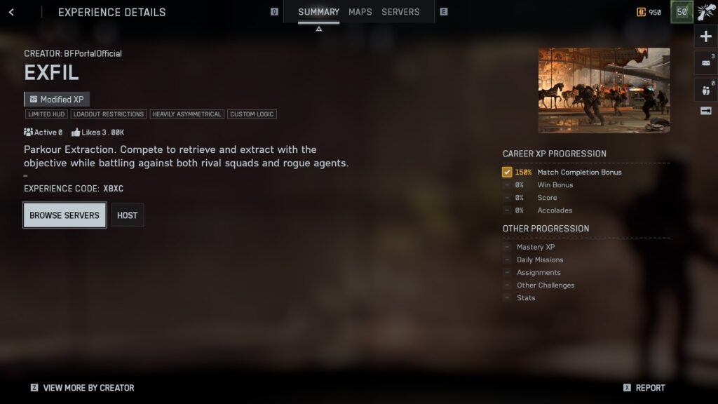 Screenshot des Battlefield 6-Menüs für "Exfil" von BfPortalOfficial. Es enthält Details zur Parkour-Extraktion, ein eingefügtes Actionbild und Statistiken zum Karriereverlauf