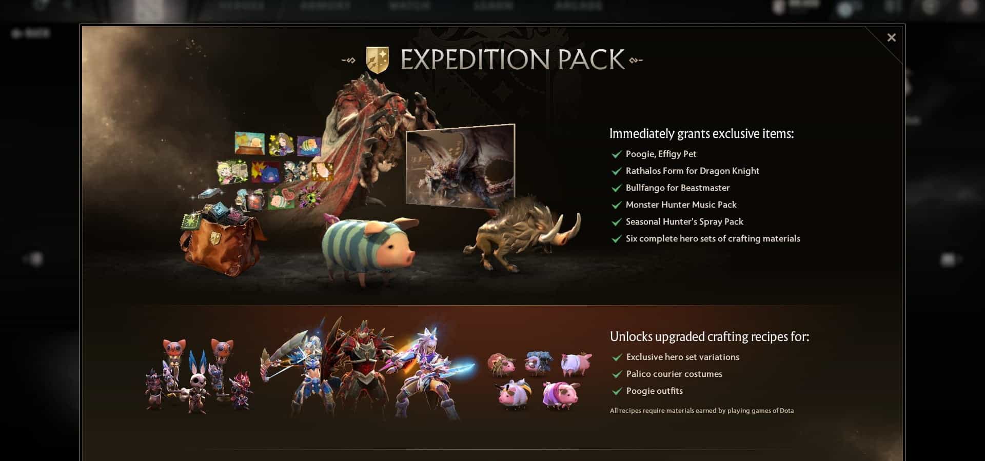 Bild des Expeditionspakets mit Fantasy-Gegenständen: buntes Haustier, Rüstung, Waffen in Dota 2