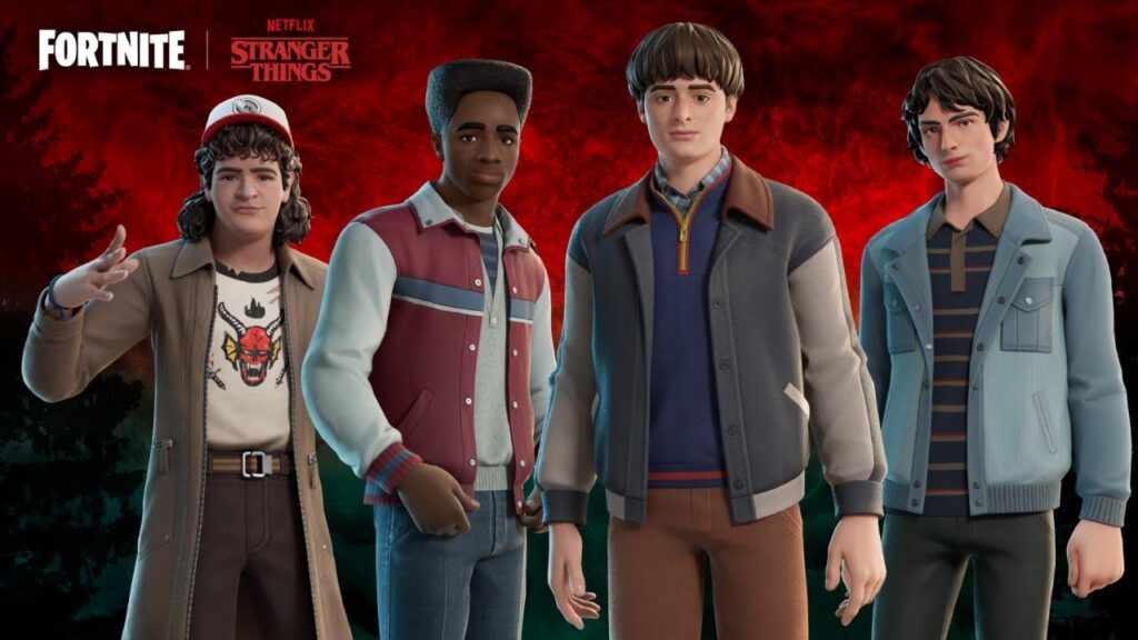 Charaktere aus Stranger Things stehen in einer Reihe vor einem rot-schwarzen Hintergrund. In der Ecke erscheinen Logos von Fortnite und Stranger Things