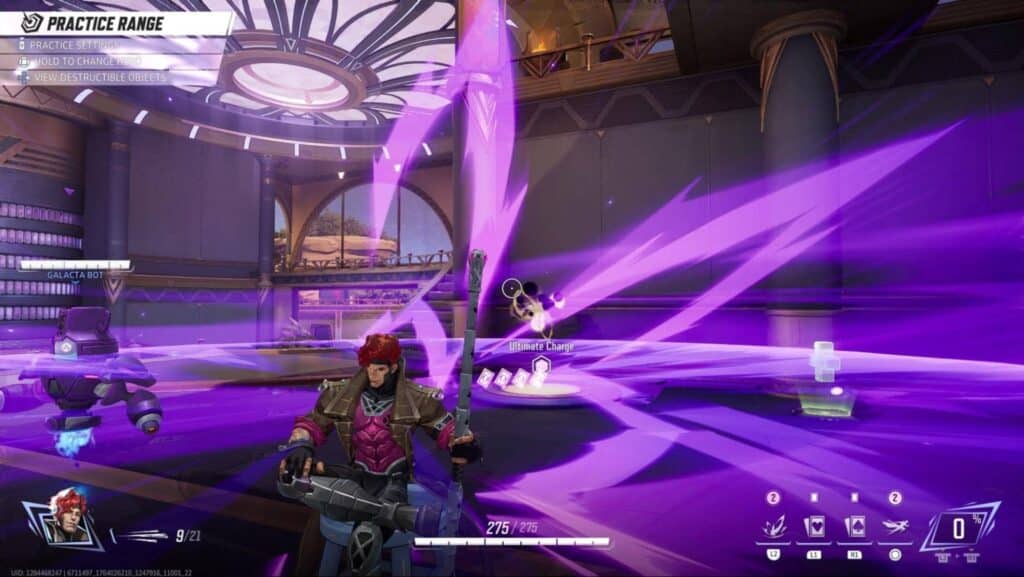 Gambit umgeben von schwebenden Karten und einem schwebenden Roboter