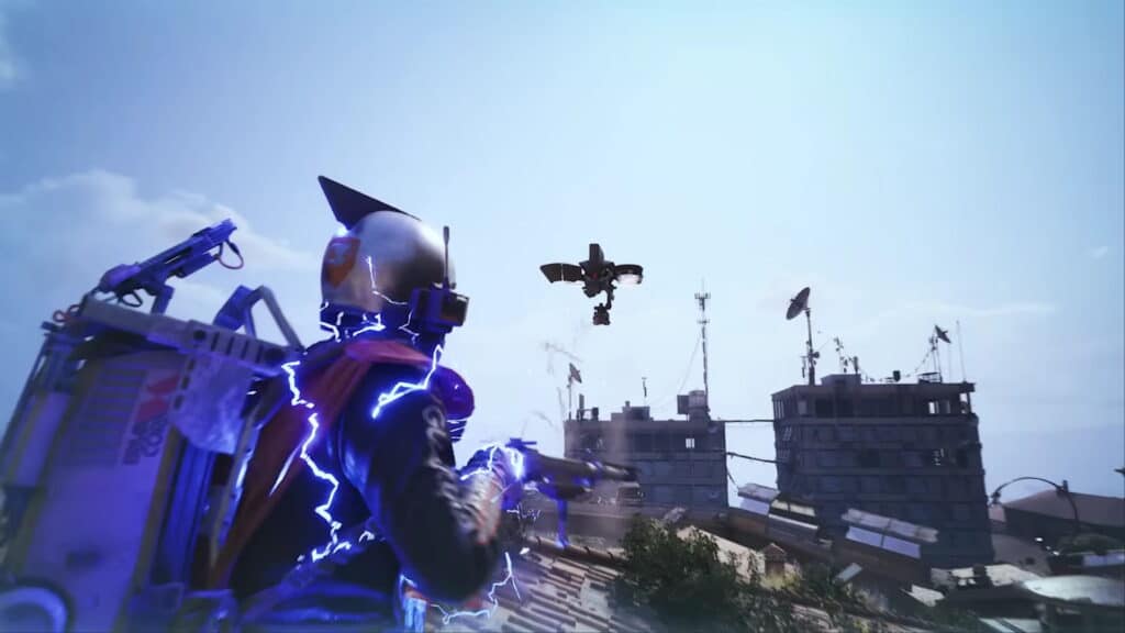 A figure in futuristic armor, emitting blue sparks, faces a drone above urban rooftops in Arc Raiders