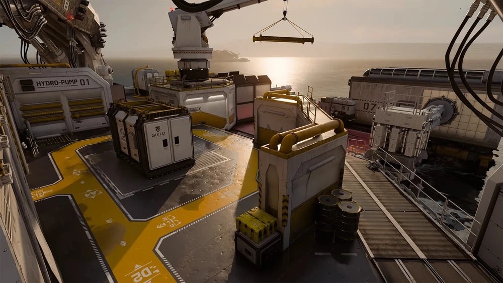 Eine futuristische Industrieplattform überblickt in Black Ops 7 einen ruhigen Ozean bei Sonnenuntergang