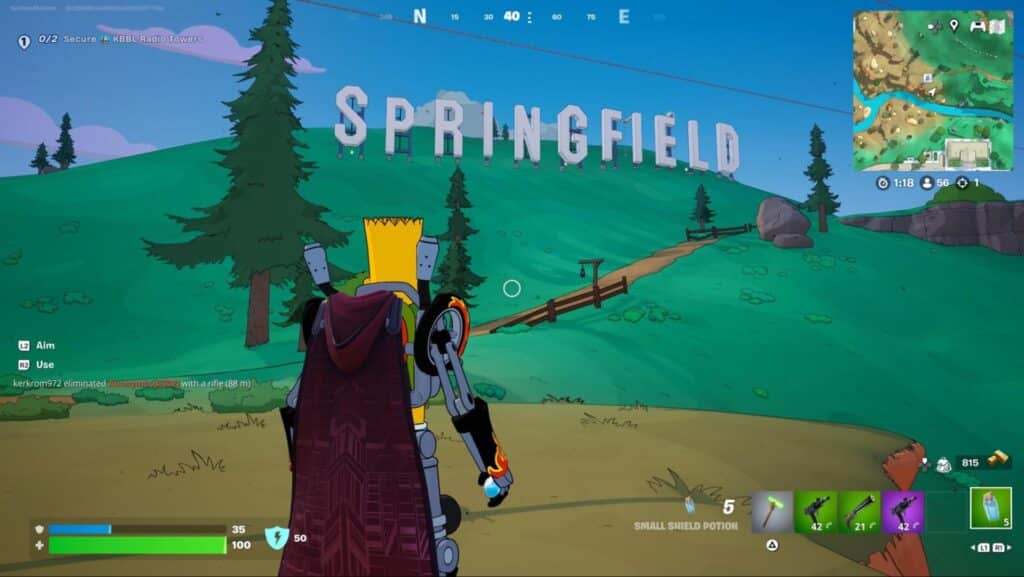 Bart Simpson steht vor einem großen "SPRINGFIELD" Schild auf einem grünen Hügel in Fortnite