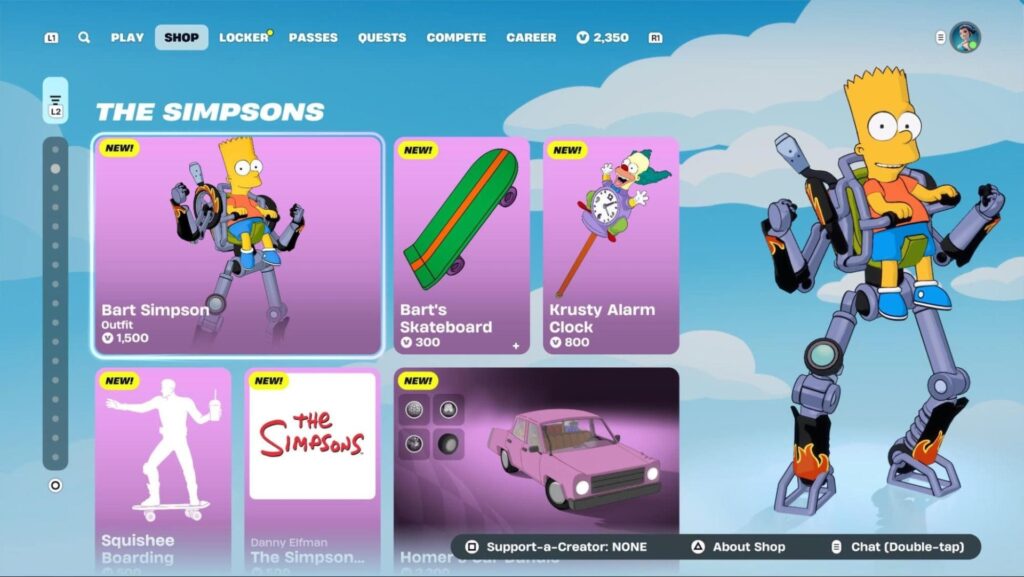 Fortnite-Game-Shop-Bildschirm mit Bart Simpson in Roboterausrüstung
