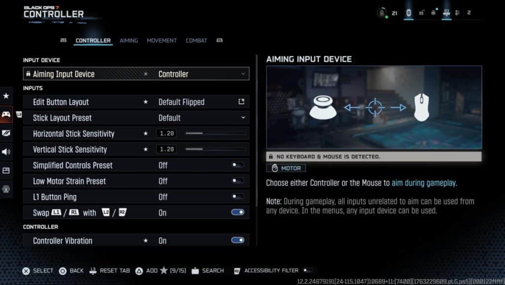 Menu Impostazioni controller Black Ops 7