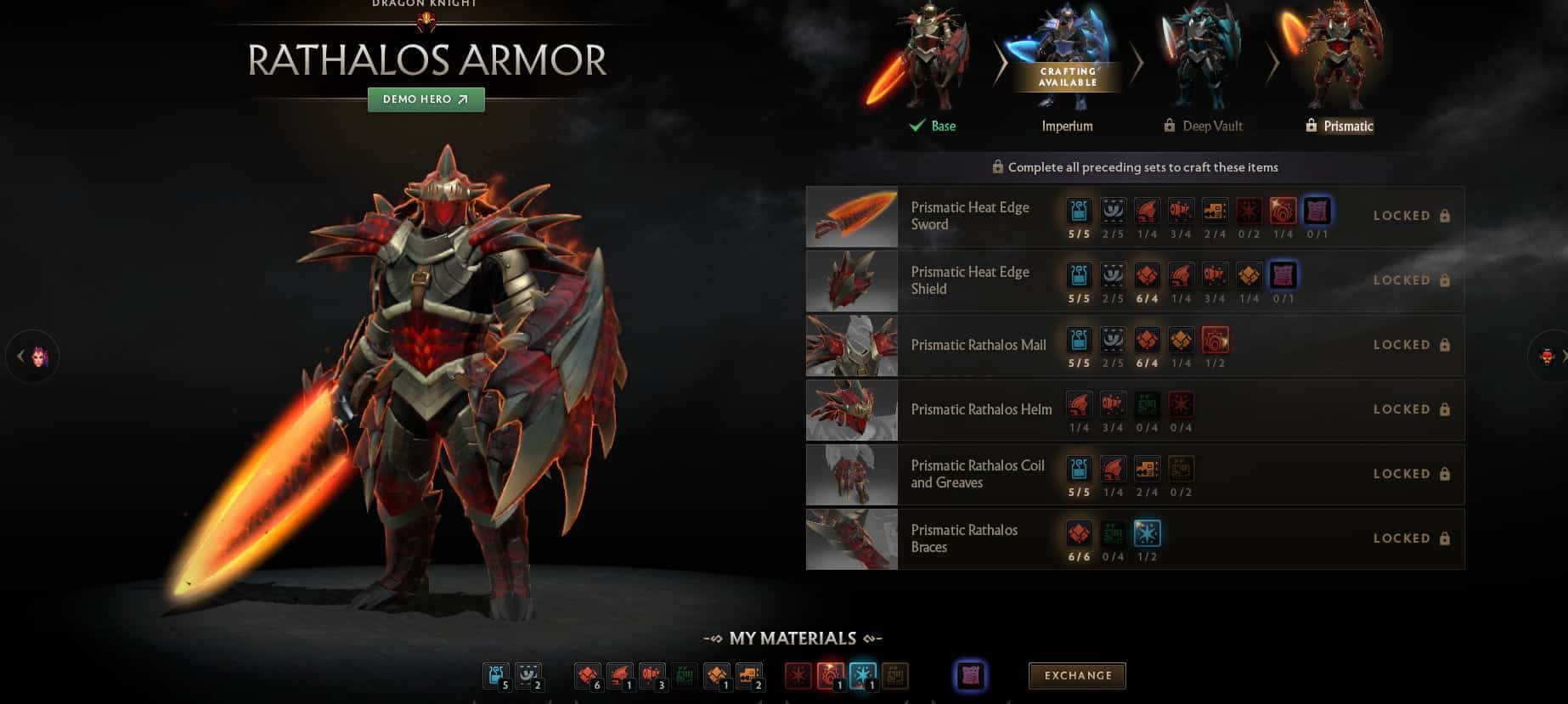 Ein Krieger in Rathalos-Rüstung steht mit einem feurigen Schwert bereit, umgeben von Menü- und Handwerksoptionen in Dota 2